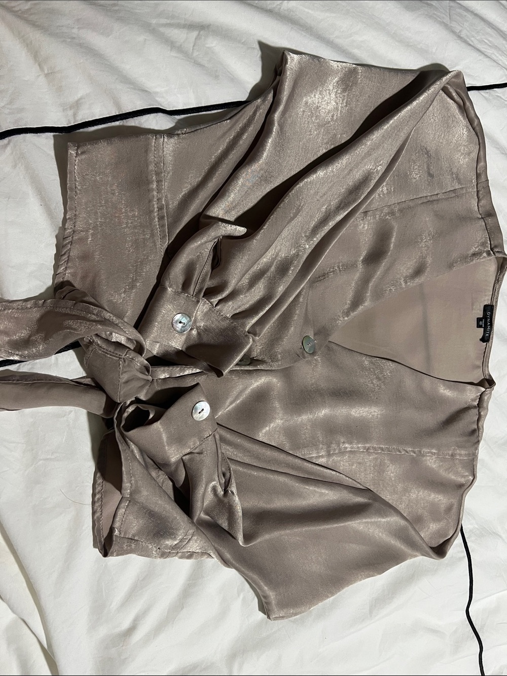 Dynamite Shimmery Taupe/ champagne Satin Tie-Front Crop Top